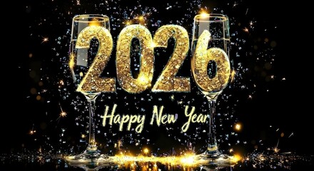 Two champagne glasses framing the year two thousand twenty six with happy new year text below it