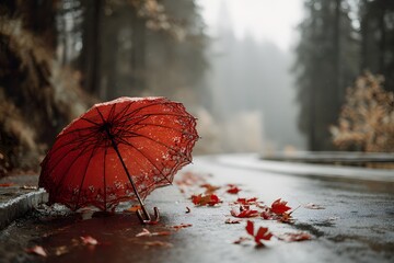 Red umbrella lying on wet forest road in autumn rain, romantic moody weather scene with fallen leaves, rainy day nature landscape background