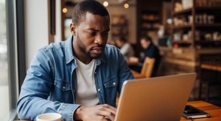 Focused African American male freelancer working on a laptop in a coffee shop. Young black businessman typing on computer with 5G high speed internet connection