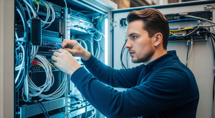 Male IT engineer installing network cables in a server rack. Professional technician working on edge computing hardware in a data center