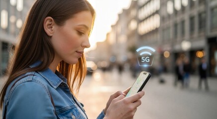 Young woman using smartphone with 5G network hologram. Female tourist checking map app on mobile phone in city street. High speed internet connection concept