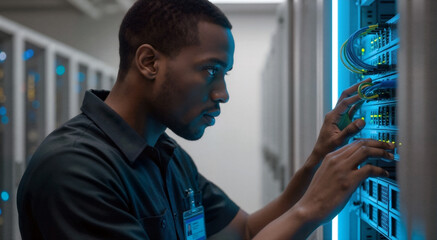 IT technician working on server rack in data center. African American network engineer connecting cables. Cloud platforms and edge computing concept