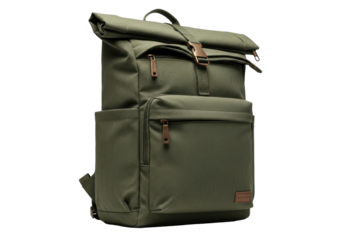 Isolated olive green canvas roll top backpack with buckle fastener for urban travel