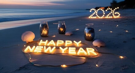 Happy new year lights on beach with jars and shells celebrating the year of twenty twenty six