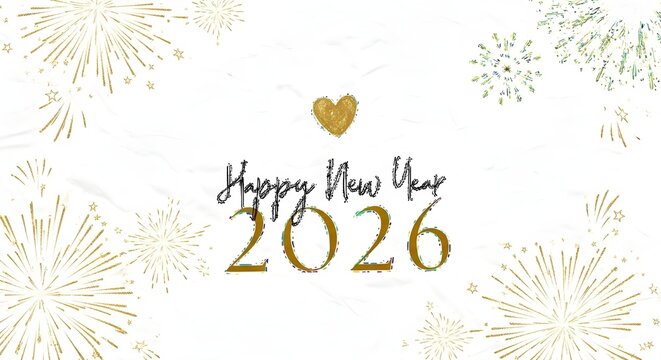 Happy new year two thousand twenty six with golden heart and fireworks on a white background - Powered by Adobe