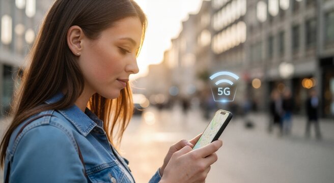 Young woman using smartphone with 5G network hologram. Female tourist checking map app on mobile phone in city street. High speed internet connection concept