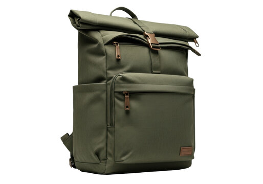 Isolated olive green canvas roll top backpack with buckle fastener for urban travel