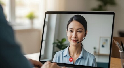 Asian female customer support agent on laptop screen during video call. Happy woman with headset working from home office. Over the shoulder view of virtual meeting. Online consultation concept