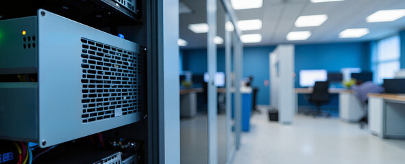 Edge computing server hardware in technical cabinet. Panoramic close up of data center equipment with blurred modern office background. Copy space