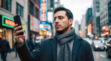 Hispanic man using smartphone on a busy city street. Young male checking 5G network speed in urban environment. Mobile technology concept