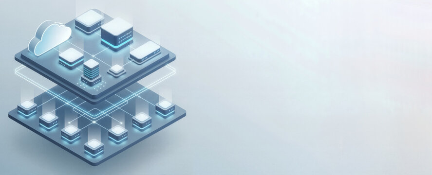 Isometric cloud and edge computing architecture illustration. Digital server network with data flow connections. Modern technology background with copy space