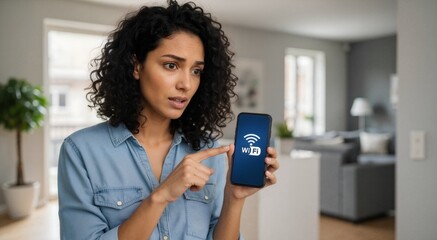 Frustrated woman pointing at smartphone screen with Wi-Fi icon. Confused female having internet connection problems at home