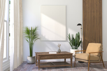 A White A4 Frame Mockup on Light Interior Wall. 3D render.