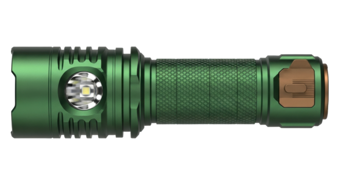 Isolated Green Tactical Flashlight for Outdoor Adventures, Equipment, and Exploration