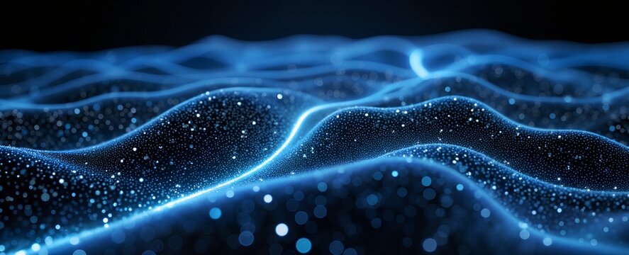 Abstract technology background with blue glowing waves and particles. Digital data flow visualization. 5G internet connection concept