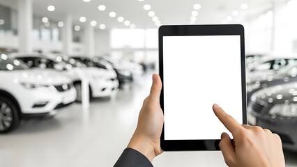 Hands Holding Tablet in Car Dealership Showroom with Blank Screen