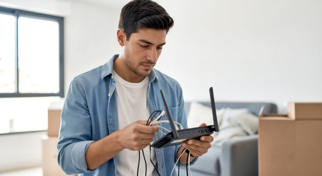 Young man setting up Wi-Fi router in new home. Male installing wireless internet connection with moving boxes in background. Technology and relocation concept