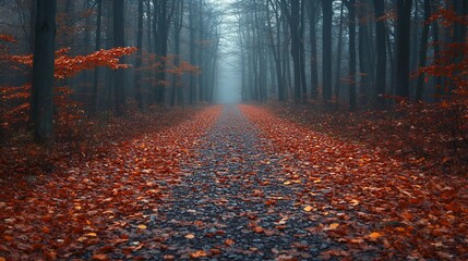 Fototapeta premium Misty Autumn Path Forest Trail with Vibrant Fallen Leaves and Ethereal Fog.