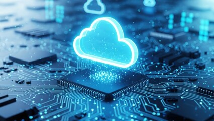 Cloud computing concept: glowing digital data network on a futuristic circuit board