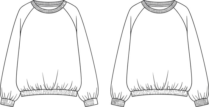 Women's oversized raglan sleeve sweatshirt fashion technical flat sketch template with ribbed cuffs, neckband, and gathered hem vector illustration