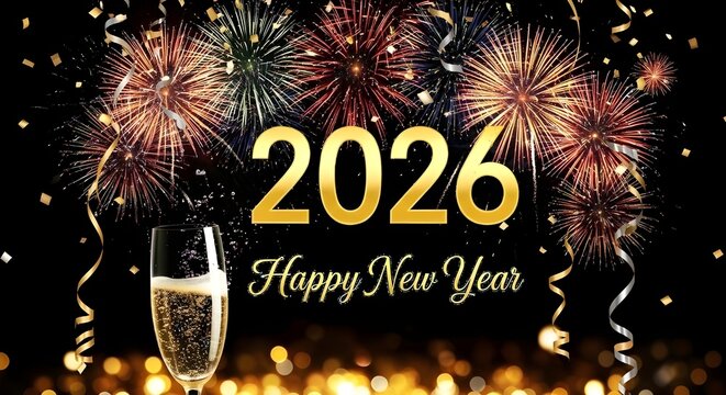 A festive new year celebration with fireworks champagne and the year gold lettering of twenty twenty six