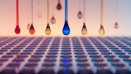 Colorful liquid drops falling into tray abstract science experiment photography