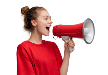 Attractive woman communicating through red and white megaphone speaker wearing red shirt on isolated transparent background