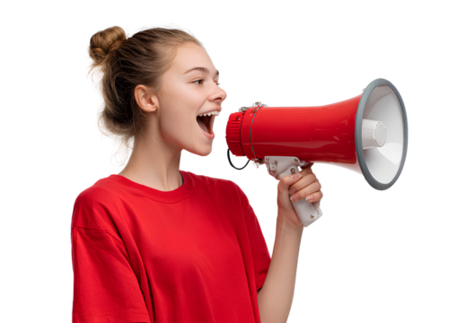 Attractive woman communicating through red and white megaphone speaker wearing red shirt on isolated transparent background