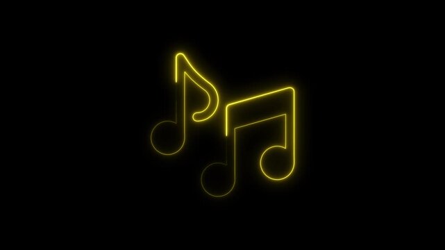 Yellow Neon Music Notes on Black Background musical