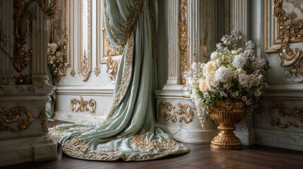 Elegant interior with curtains and floral arrangement in a luxurious room.