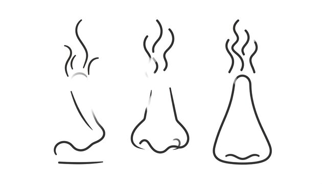 Three cartoon noses smelling unpleasant odors, shown as wavy lines, outlined in black on a white background