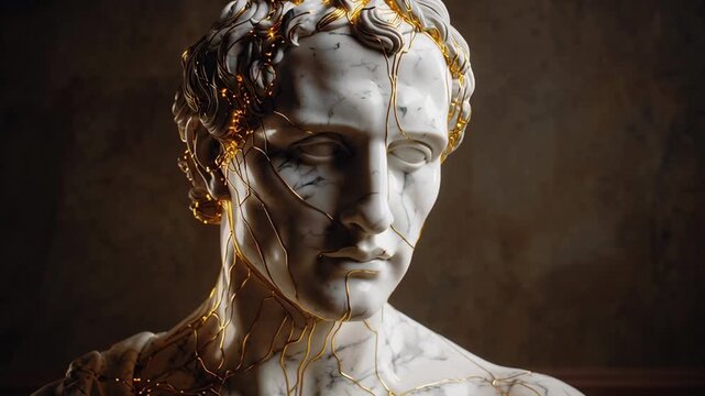 Pulsing Golden Energy Veins Flowing Through Classical Marble Statue Closeup