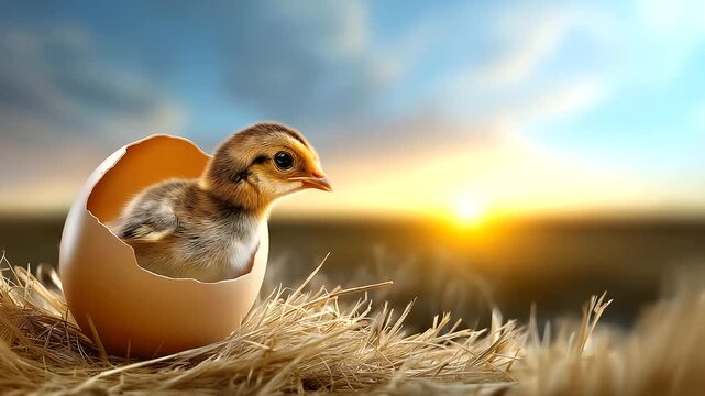 Chick hatching from egg, soft morning light, concept of new life, macro realism, blurred background, with copy space