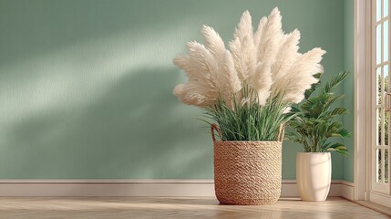 Elegant Pampas Grass Arrangement in Woven Basket by Window.
