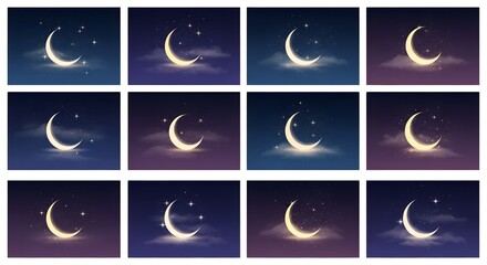 Collection of crescent moons with stars and nebulae backgrounds