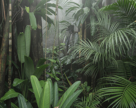 Dense tropical rainforest with lush green foliage and misty atmosphere jungle