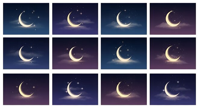 Collection of crescent moons with stars and nebulae backgrounds