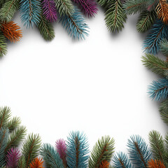 Colorful Christmas Pine Branch Frame on White Background with Copy Space