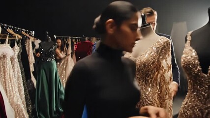 Fashion designers meticulously adjusting a stunning blue sequin gown on a mannequin in a professional studio.