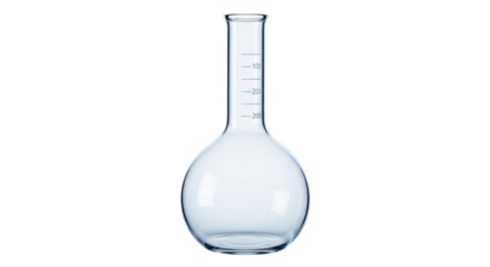 Isolated round bottom flask, scientific lab glassware, graduated in milliliters, laboratory equipment