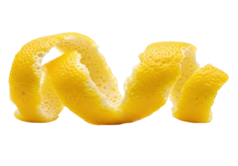 Isolated spiral lemon peel, curly citrus garnish, organic aroma oil, delicious decoration