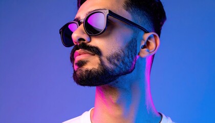 Close-up profile of a stylish young bearded man wearing reflective black sunglasses under vibrant pink and blue neon lighting.