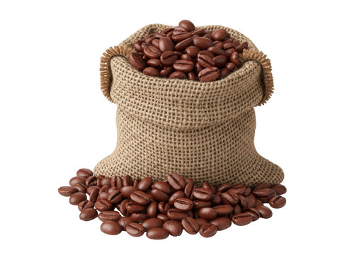 Isolated jute sack filled with roasted coffee beans, overflowing onto surface, brown seeds - Powered by Adobe