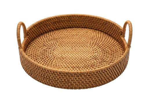 Isolated wicker serving tray, woven round platter with handles, craftwork decoration