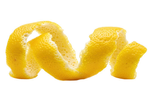 Isolated spiral lemon peel, curly citrus garnish, organic aroma oil, delicious decoration