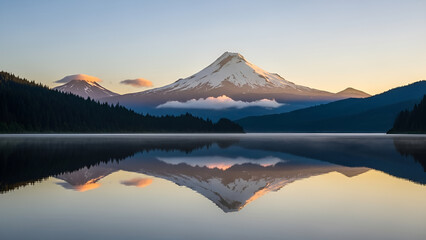 Perfect Reflection of Snow-capped Mount Hood (or Volcano) in Calm Lake at Sunrise or Sunse