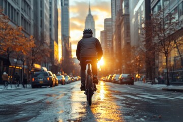 Urban cycling commuting through busy city streets