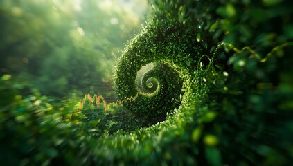 Sustainable investment growth chart with green foliage spiral background concept