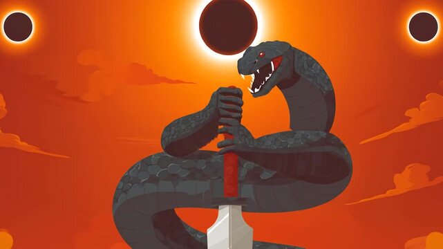Stylized snake with sword under dark sun graphic artwork