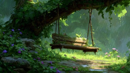 Enchanting Forest Scene Wooden Swing Amidst Lush Greenery.